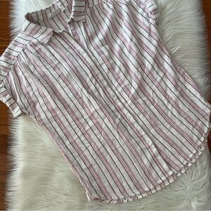 NWT Ecothreads Linen Blend Striped Button Up Cuffed Short Sleeve Blouse Size Sm